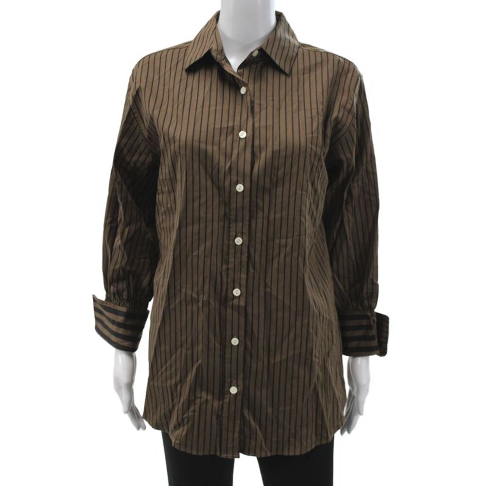 Hinson Wu Women Striped Cotton Button-Up Blouse Brown Long Sleeve Size S